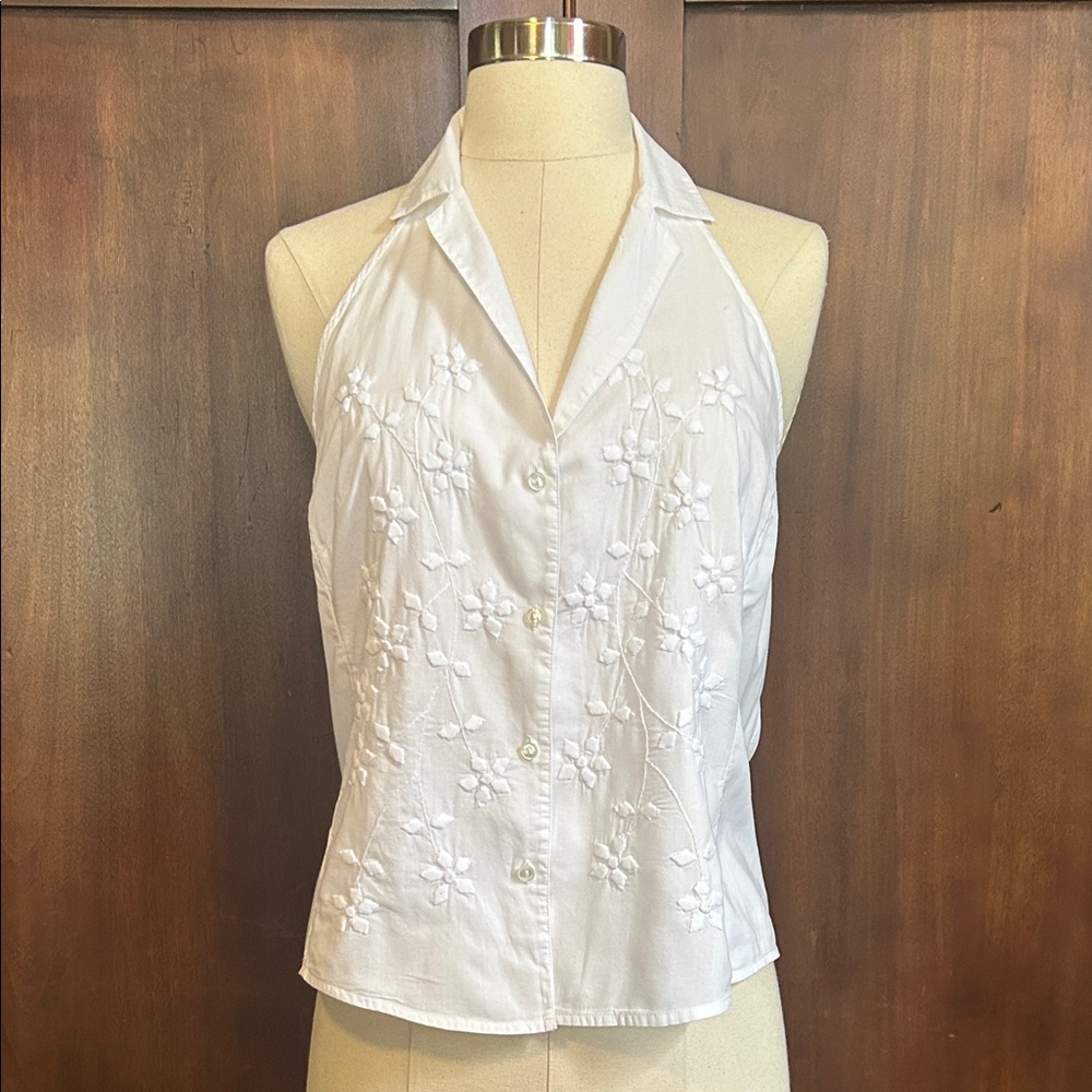 Y2K White Embroidered Halter Button-Front Top